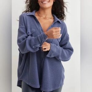 Aerie blue oversized Lumber Jane waffle knit long sleeve button down Small